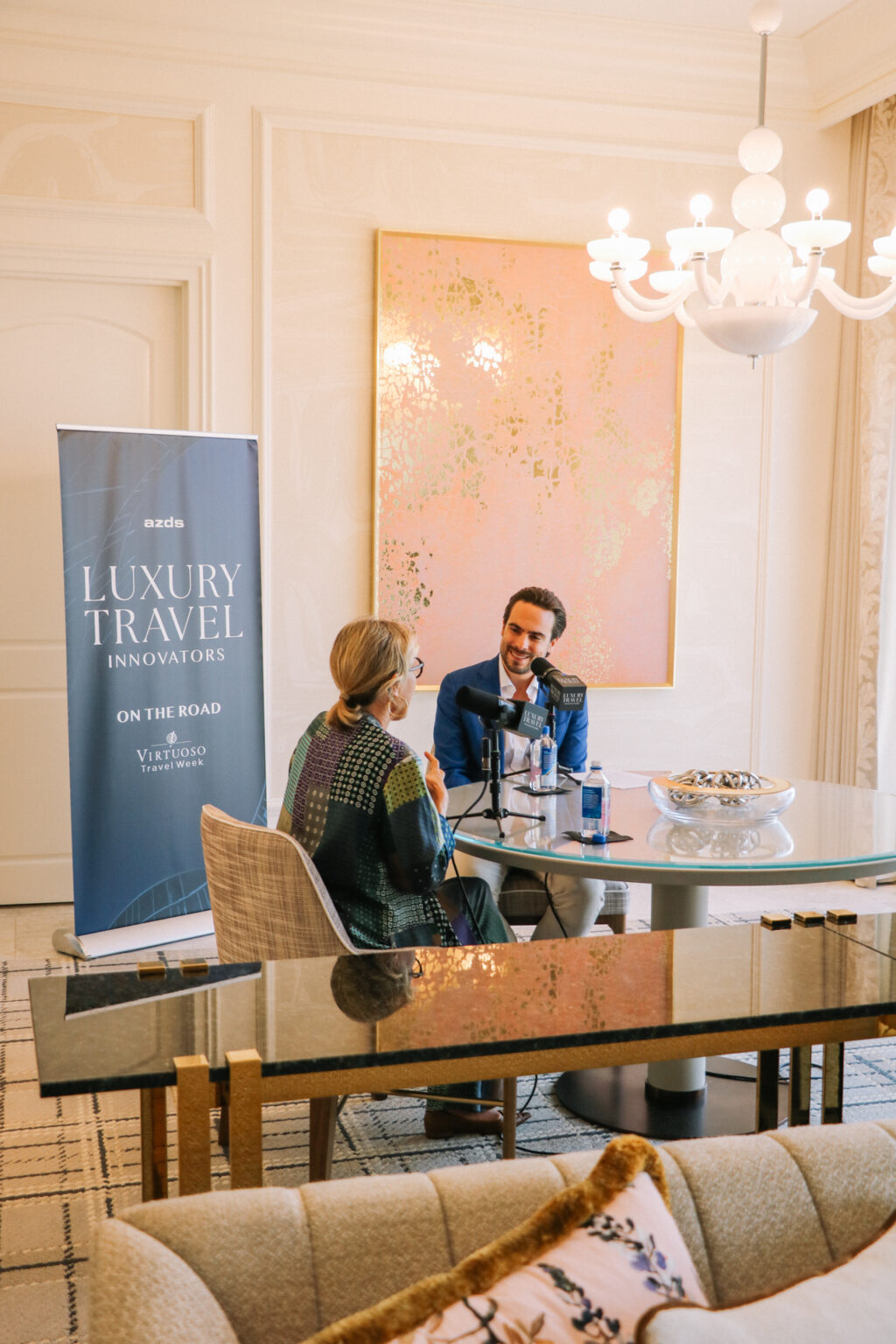 Adam Deflorian, host of the Luxury Travel Innovators podcast, during an interview for Episode 13 at the Bellagio in Las Vegas.