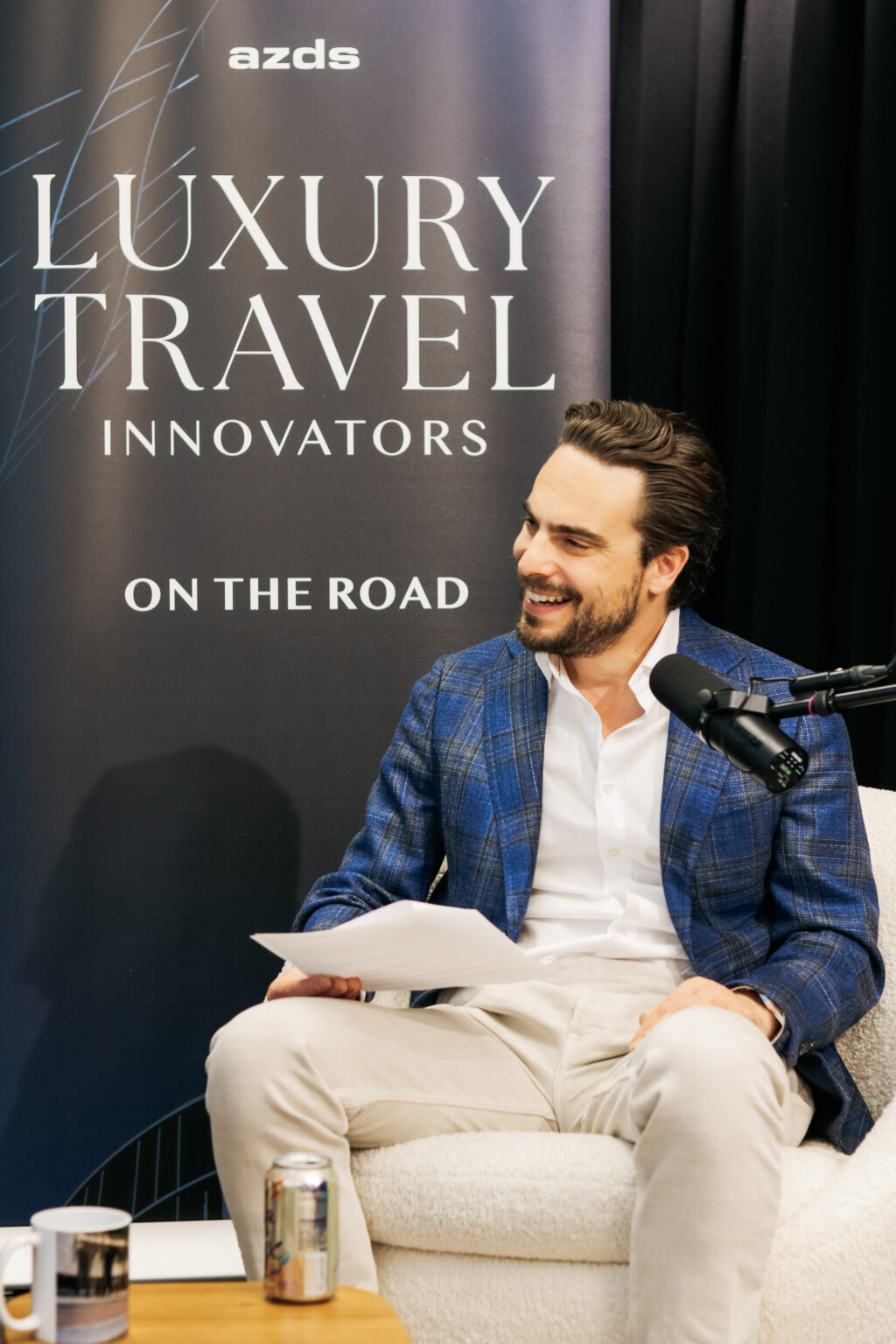 Adam Deflorian recording episode 30 of the Luxury Travel Innovators podcast.