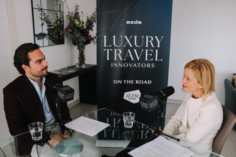 Adam Deflorian and Belinda Hindmarsh recording episode 31 of Luxury Travel Innovators in Cannes, France.