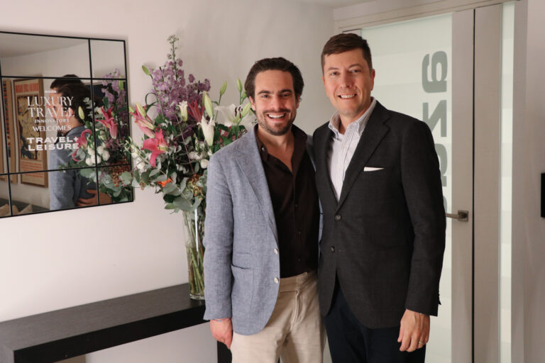 Adam Deflorian and Paul Brady recording episode 32 of Luxury Travel Innovators in Cannes, France.