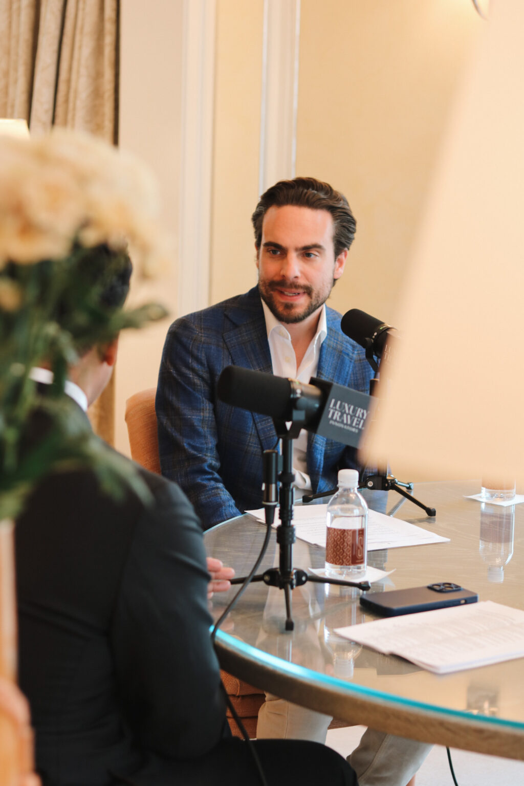 Adam Deflorian interviewing Pradeep Raman at The Surrey, A Corinthia Hotel, in episode 33 of Luxury Travel Innovators.