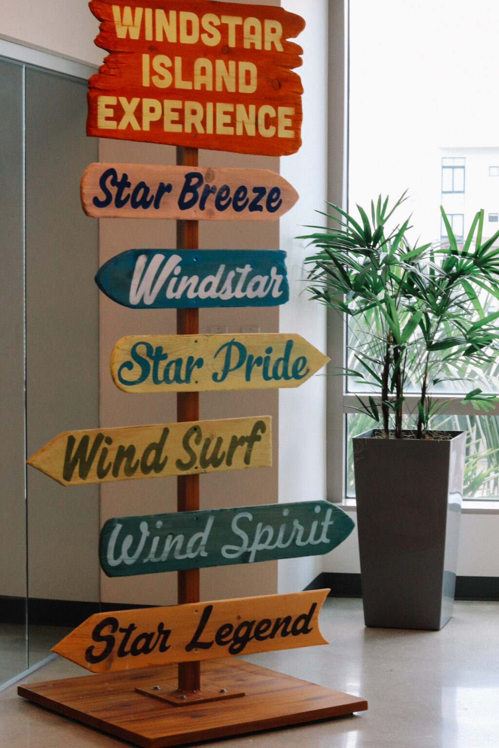Multi-colored sign at the Windstar Cruise’s offices.